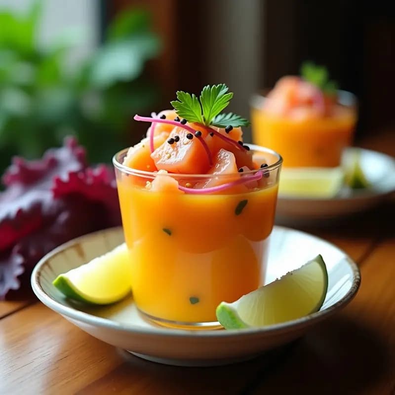 Ceviche Nikkei de salmón y maracuyá servido en copa de cristal transparente, con trozos de salmón rosa pálido bañados en leche de tigre amarilla, decorado con semillas de sésamo, algas nori y cilantro fresco. Fondo borroso con hojas de lechuga morada y rodajas de limón verde.
