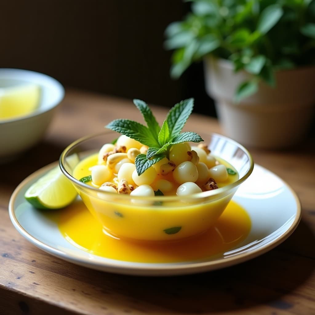 Ceviche brasilero sin pescado servido en copa de cristal con capas de hearts of palm, pimiento amarillo, cebolla morada y crujiente de cajú, decorado con hojas de menta y rodajas de maracuyá.