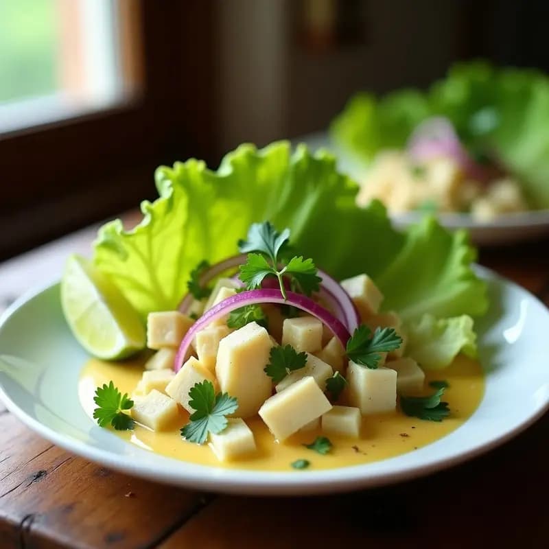Plato blanco con ceviche de palmito y corazón de alcachofa vegano, servido sobre hojas de lechuga romana, decorado con gajos de limón verde y cilantro fresco. Fondo borroso con textura de madera rústica.
