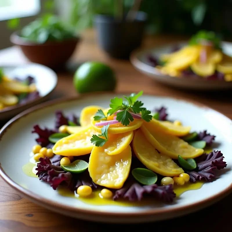 Plato de ceviche de palmito con leche de cúrcuma y chile verde, servido sobre hojas de lechuga morada, decorado con rodajas de lima y acompañado de maíz tostado. Receta vegana peruana sin pescado.