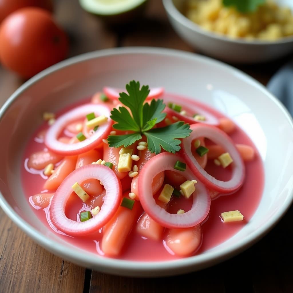 Plato blanco con ceiche de palmito en rodajas finas bañado en leche de tigre rosa vibrante, acompañado de granos de maíz morado, cancha serrana y hojas de cilantro fresco. Presentación fresca y colorida típica de la cocina peruana vegana.