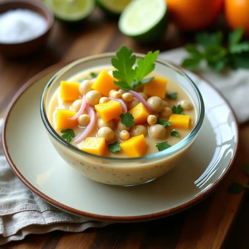 Ceviche vegano caribeño de palmito y mango con leche de tigernuts, servido en un bol de cerámica blanca sobre fondo de madera rústica, decorado con semillas de sésamo y hojas de menta fresca.