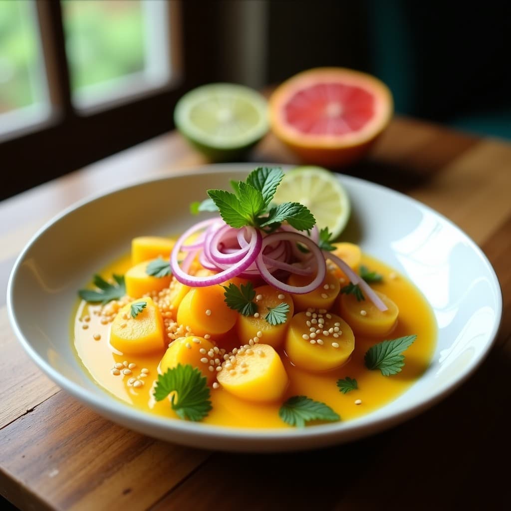 Ceviche de palmito con maracuyá y ají rocoto servido en plato blanco hondo, con rodajas de palmito marinadas en leche de tigre de rocoto, cebolla morada, cilantro fresco, semillas de sésamo y hojas de menta. Plato fresco y colorido típico de la cocina peruana vegana.