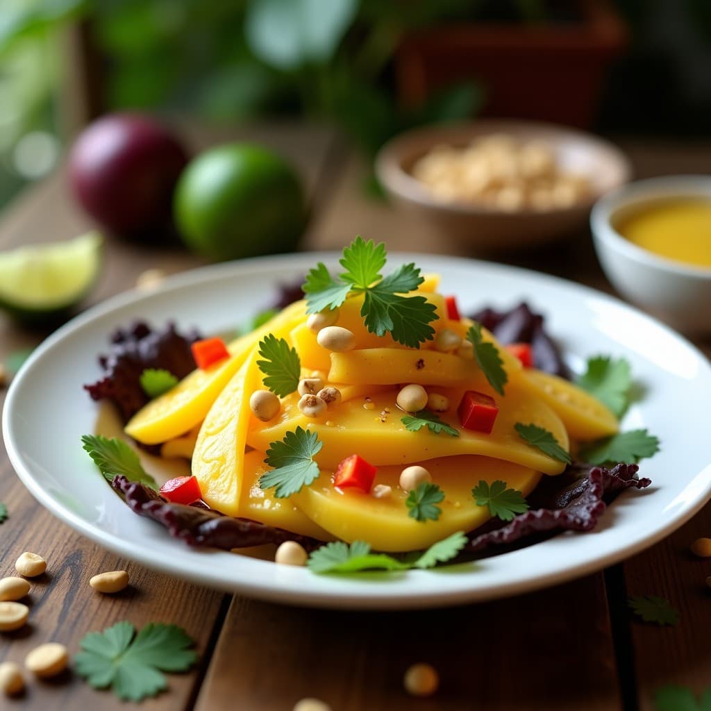Plato blanco rectangular con ceviche de palmito y maracuyá, rodajas de palmito marinadas en salsa amarilla de leche de tigre, decorado con cacahuetes tostados picados, gajos de maracuyá y hojas de lechuga morada. Presentación fresca y colorida.