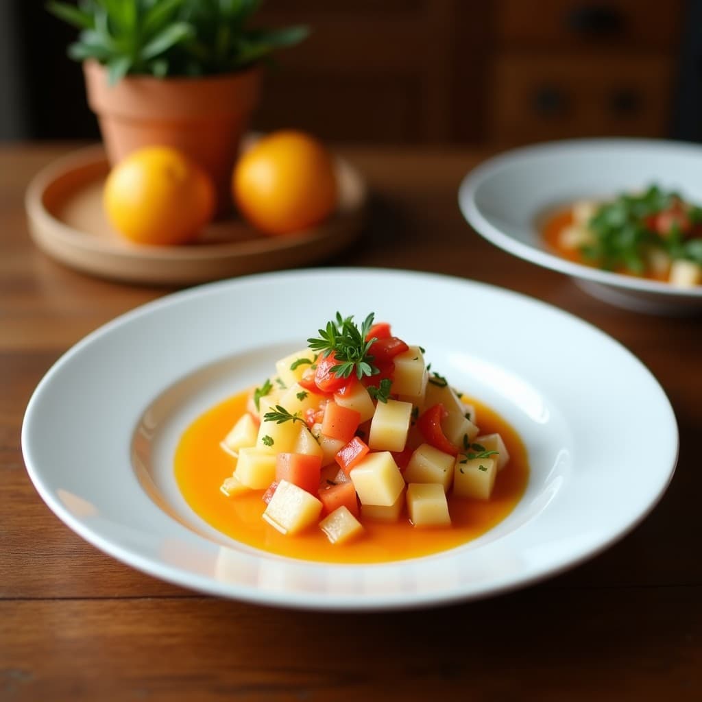 Copa de cristal transparente con ceviche de palmito y pimentón asado bañado en leche de tigre de naranja, decorado con gajos de naranja sanguina, hojas de cilantro y hielo picado sobre fondo de madera rústica.