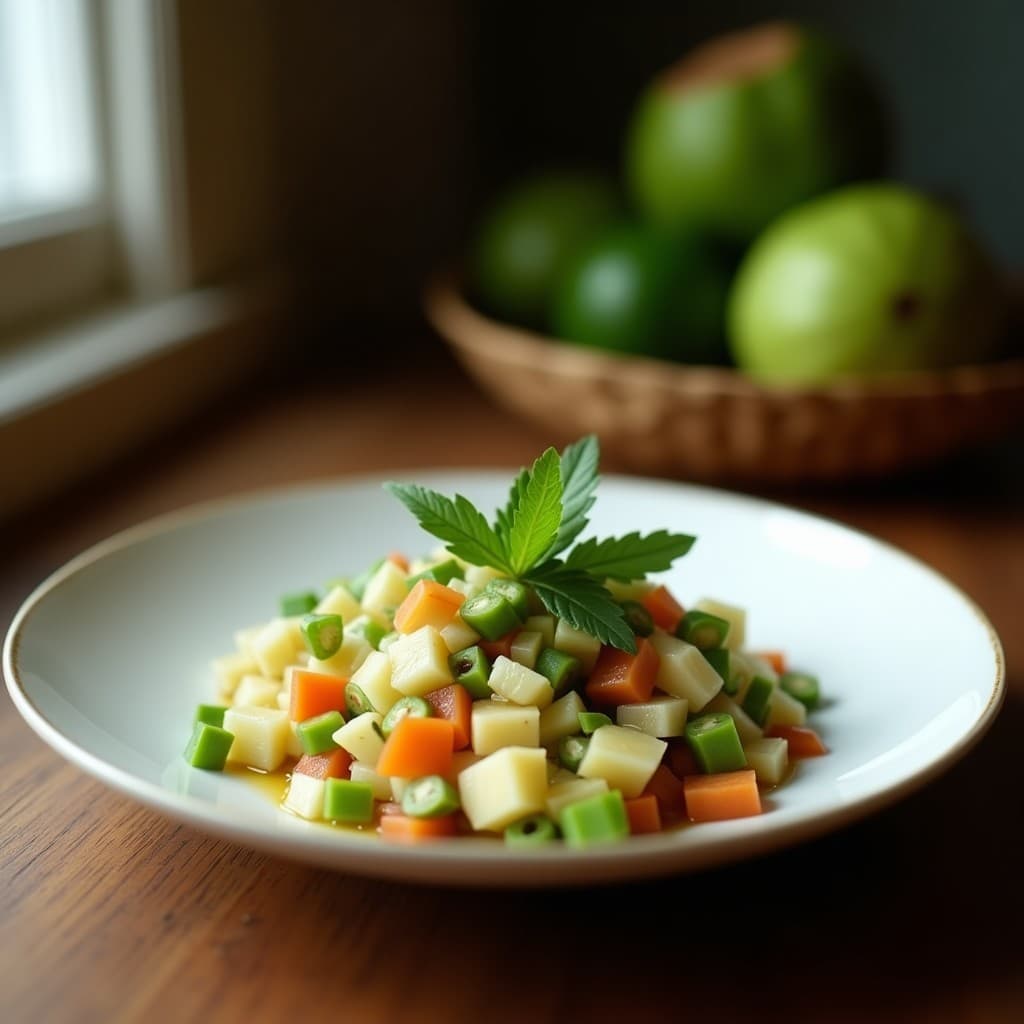 Ceviche de palmitos y coco verde keto servido en copa de cristal transparente, con rodajas de palmitos, juliana de coco verde, semillas de sésamo tostadas y hojas de cilantro fresco. Plato fresco y colorido sobre fondo de madera rústica.
