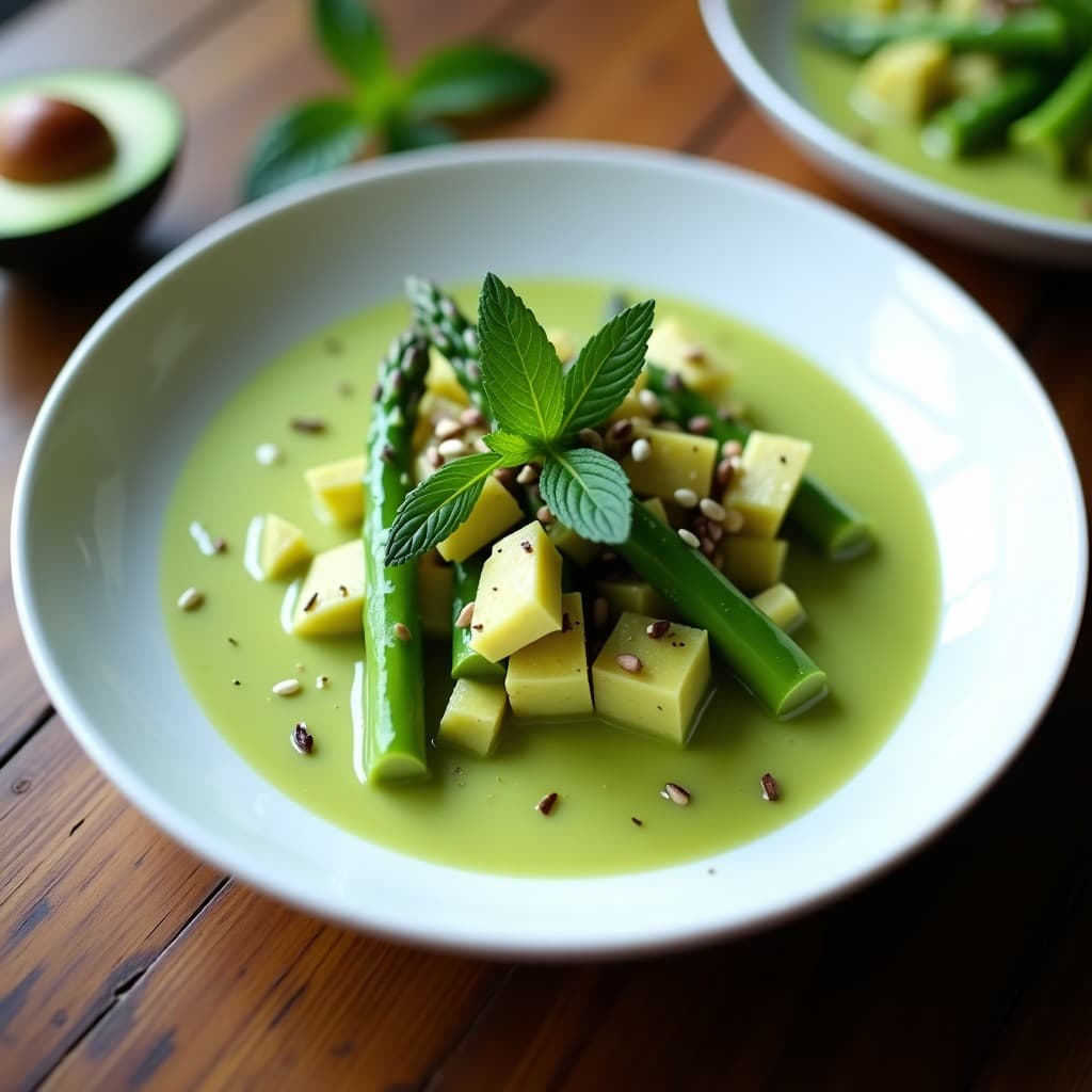 Ceviche vegano peruano de palta Hass en cubos y espárragos trigueros en rodajas, bañados en leche de tigre verde brillante. Decorado con hojas de menta, semillas de sésamo y un hilo de aceite de oliva sobre un plato de cerámica blanca con fondo rústico.