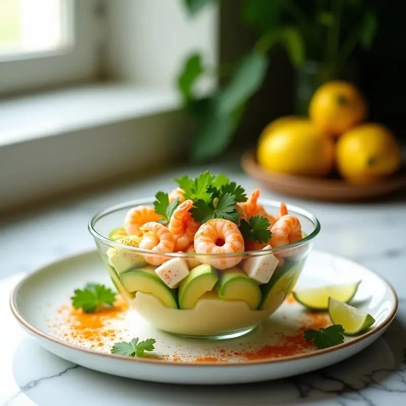 Ceiche de palta y langostinos con leche de limón servido en copa de cristal transparente, con capas visibles de aguacate cremoso, langostinos rosados y decoración de cilantro fresco y rodajas de limón verde sobre fondo blanco.