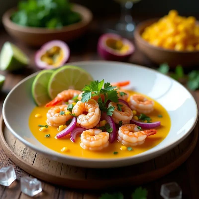 Plato de Ceiche Peruano de Camarones con Leche de Tigre de Maracuyá servido sobre hojas de lechuga morada, acompañado de batata morada en cubos y maíz tostado, con un fondo de ají limo y cilantro fresco.