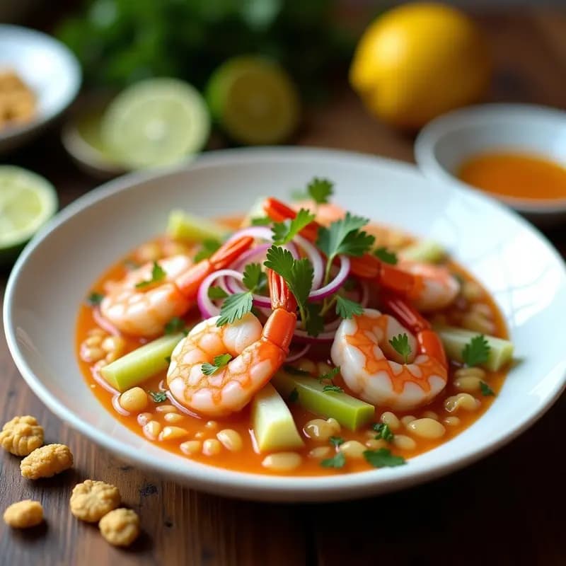 Ceviche peruano de camarones con leche de tigre y cancha serrana servido en plato blanco, con camarones rosados marinoados en jugo de limón y naranja, cebolla morada, apio verde y cancha dorada alrededor. Presentación fresca y colorida.