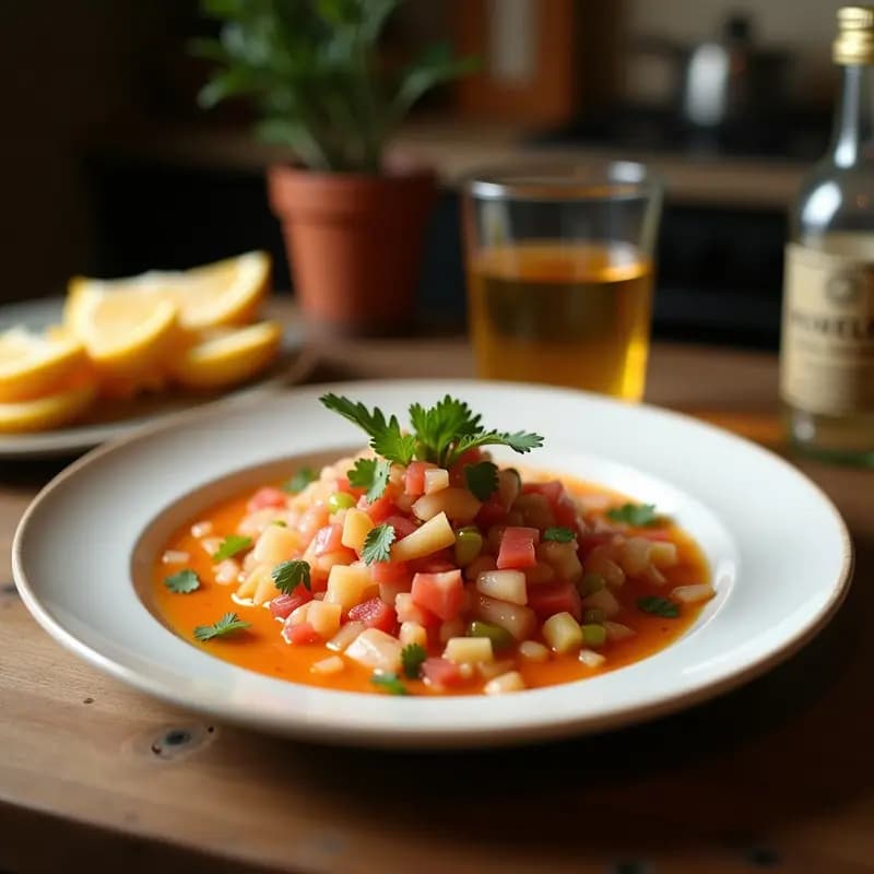 Plato de ceviche peruano express con trozos de corvina marinados en limón, cebolla roja, culantro, camote morado y choclo, servido sobre hojas de lechuga.