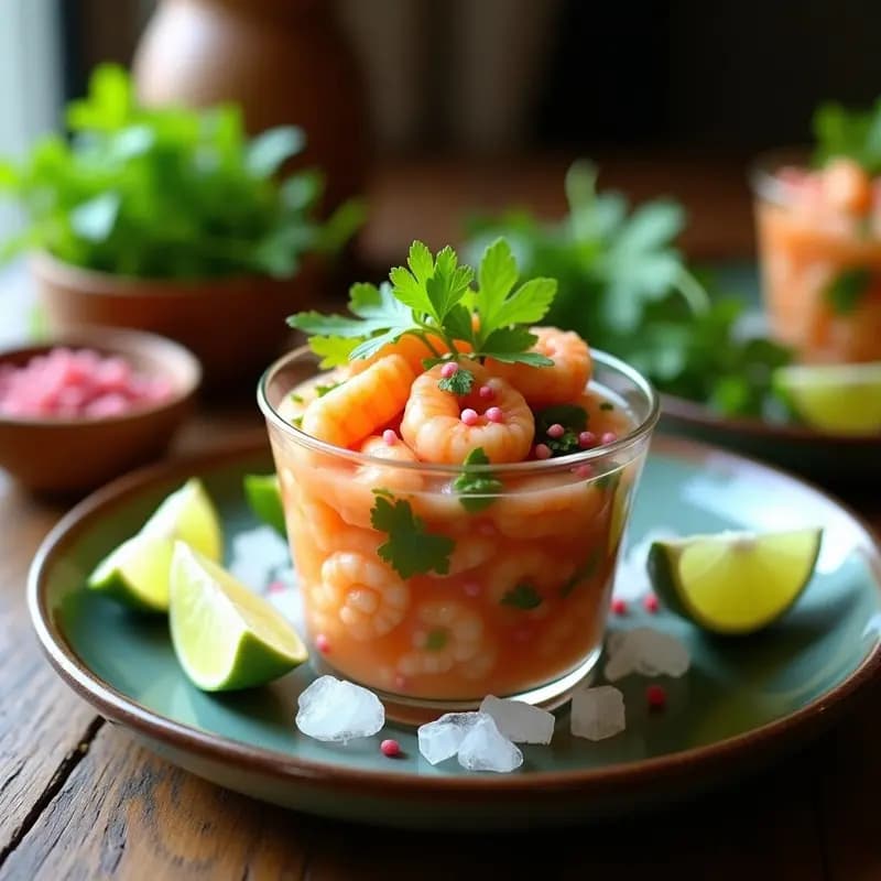 Ceviche peruano de langostinos y lechuga de mar servido en copa de cristal transparente, con trozos de langostino rosa, lechuga de mar verde oscuro, cebolla morada en juliana y cilantro fresco. Acompañado de leche de tigre amarilla en fondo desenfocado.