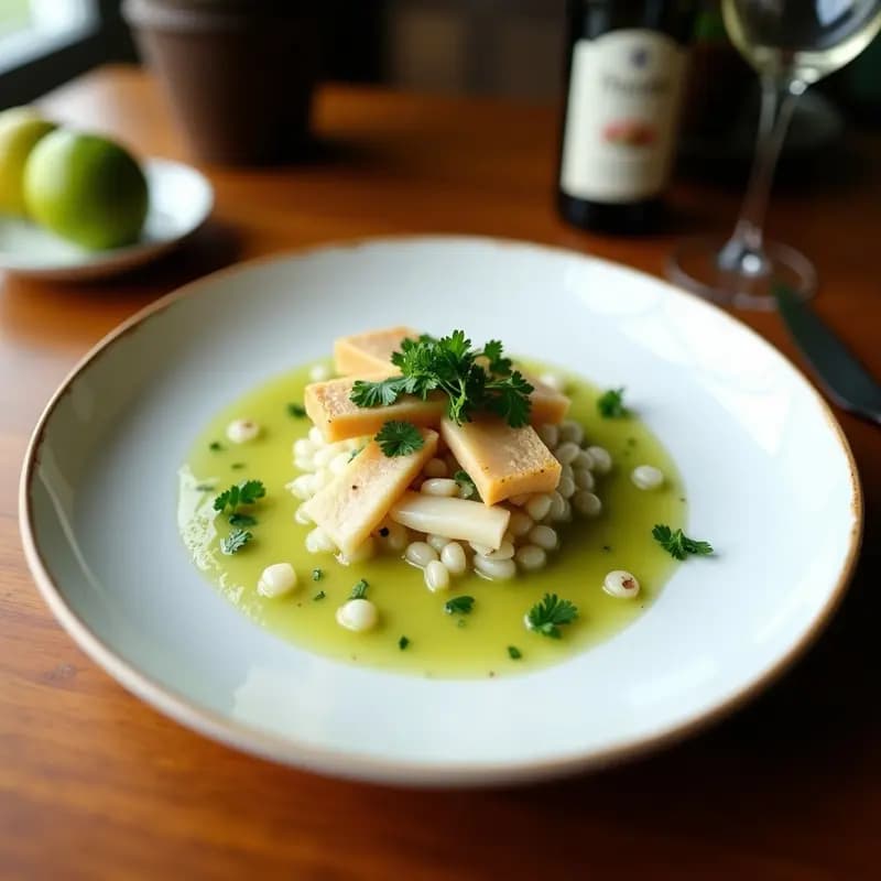 Plato hondo blanco con ceviche peruano de lenguado marinado en limón verde, acompañado de rodajas de camote, maíz tierno y cancha serrana sobre hojas de lechuga, decorado con cilantro fresco.