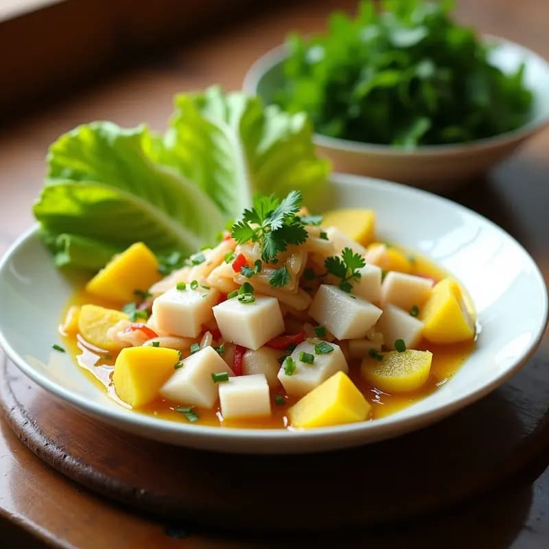Plato hondo de cerámica blanca con ceviche peruano clásico: cubos de pescado blanco marinados en limón, mezclados con cebolla roja en juliana, ají amarillo y cilantro. Acompañado de rodajas de papa amarilla, trozos de choclo y hojas de lechuga. Decorado con un hilo de leche de tigre y culantro fresco.