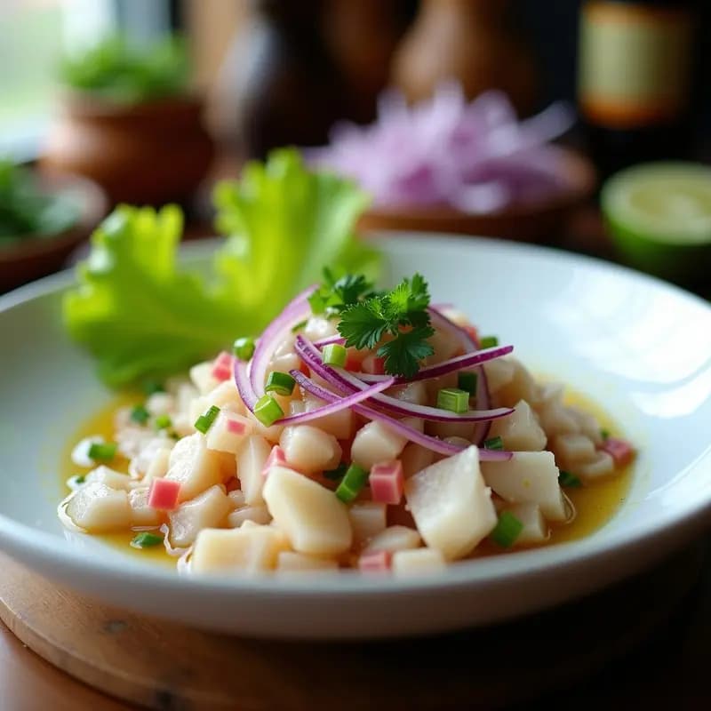Copa de cristal transparente con ceviche de pescado blanco en dados, marinado en limón verde, con cebolla morada en juliana, rodajas de pepino inglés y hojas de cilantro fresco. Decorado con granos de pimienta rosa y un hilo de aceite de oliva, sobre un fondo de madera rústica con limones verdes al lado.