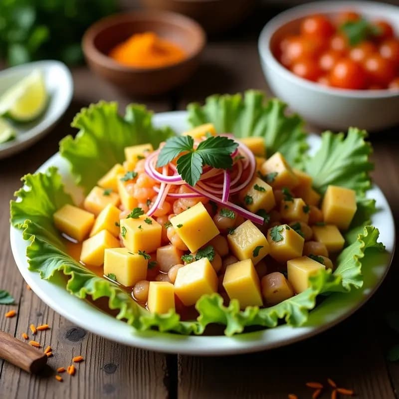 Plato hondo de cerámica blanca con ceviche peruano de pescado blanco en cubos, marinado en leche de tigre cítrica, rodeado de rodajas de camote morado y trozos de choclo amarillo. Decorado con hojas de lechuga y culantro fresco, con un fondo rústico de madera.