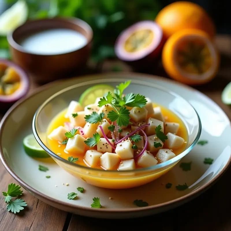 Ceviche de pescado blanco en copas de cristal con leche de cocotero y salsa de maracuyá, decorado con hojas de menta y semillas de sésamo, receta peruana-tropical con toques cítricos.
