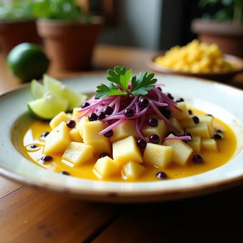 Ceviche de pescado blanco en plato hondo con tigres leche cremoso, granos de maíz morado, cebolla roja en juliana y cilantro fresco, receta peruana fresca y vibrante.