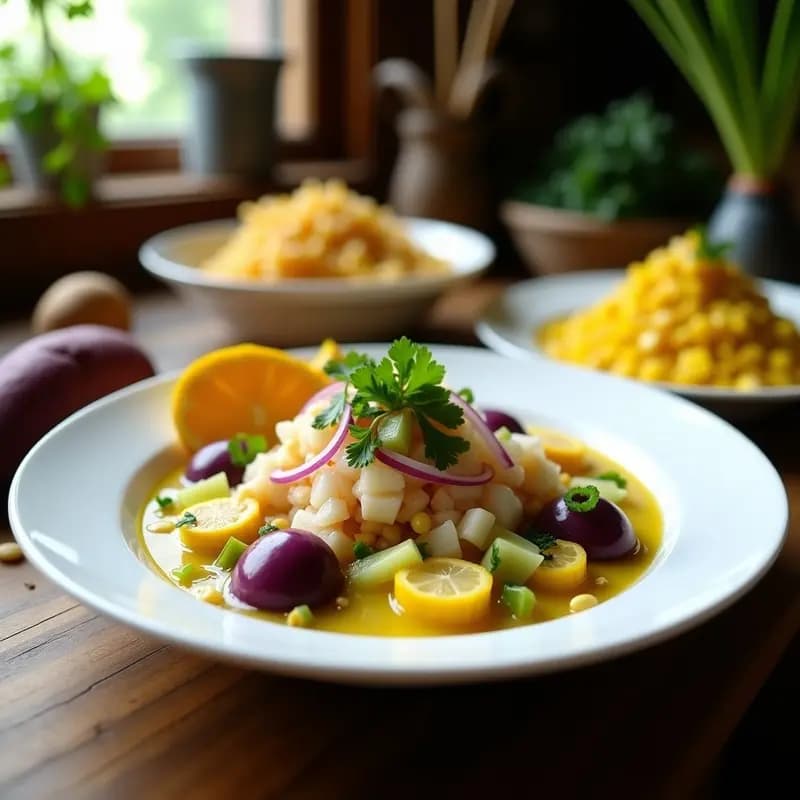 Plato hondo blanco con ceviche de pescao blanco en cubos, bañado en leche de tigre amarilla, acompañado de cebolla roja en juliana, culantro fresco, camote morado en cubos y cancha serrana tostada sobre hojas de lechuga.