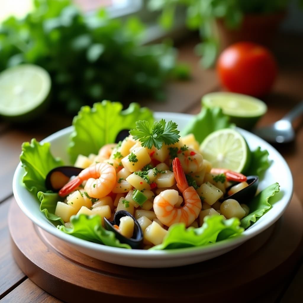 Ceviche de plátano macho verde en juliana fina con camarones y mejillones marinados, cebolla morada, pimiento rojo y cilantro fresco, servido en copa de cristal con decoración de limón verde y salsa Lizano, receta costarricense alta en potasio.