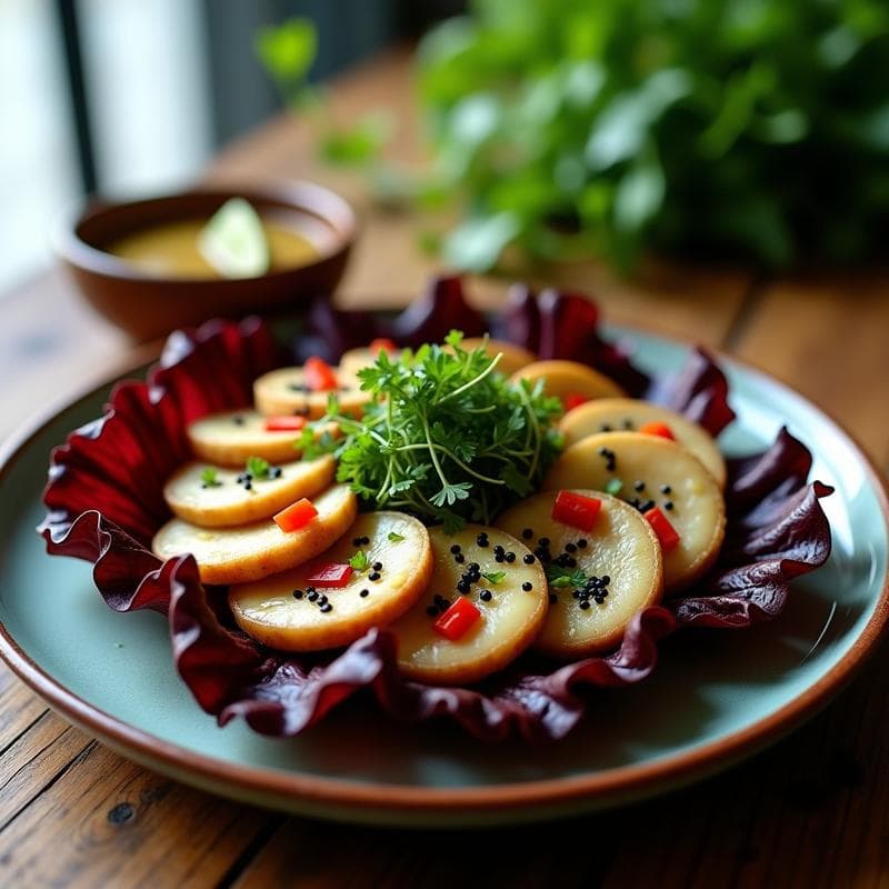 Ceviche de champiñones Portobello y algas Nori crudivegano, servido sobre hojas de lechuga morada con decoración de semillas de sésamo negro y tiras de alga nori, bañado en leche de tigre vegana con toques de yuzu y jengibre.