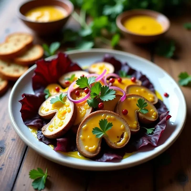 Plato de ceviche crudivegano con láminas gruesas de champiñones Portobello marinados en leche de tigre de maracuyá, servido sobre hojas de lechuga morada, decorado con cebolla roja, cilantro y semillas de ají charapita, con un fondo rústico de madera.