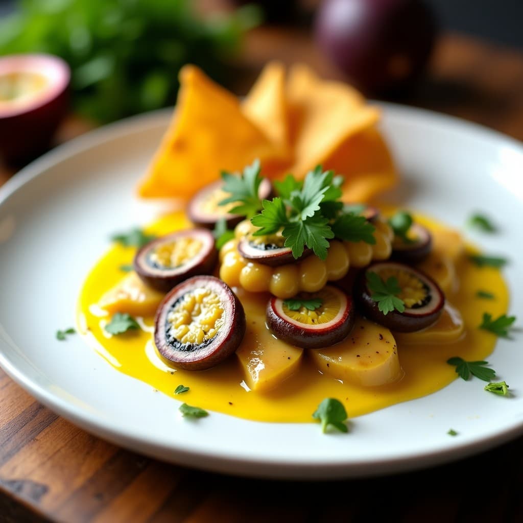 Plato blanco con ceviche de champiñones portobello en láminas, bañados en leche de tigre amarilla con semillas de maracuyá, acompañados de rodajas de maracuyá fresca, cilantro picado y crujiente de yuca frita, sobre fondo de madera rústica.