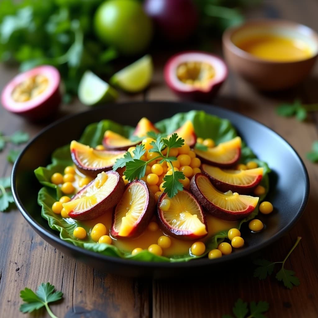 Plato elegante de ceviche de champiñones portobello vegano con maracuyá y maca, servido sobre hojas de lechuga fresca, decorado con maíz tostado y rodajas de maracuyá, con un fondo rústico de madera.