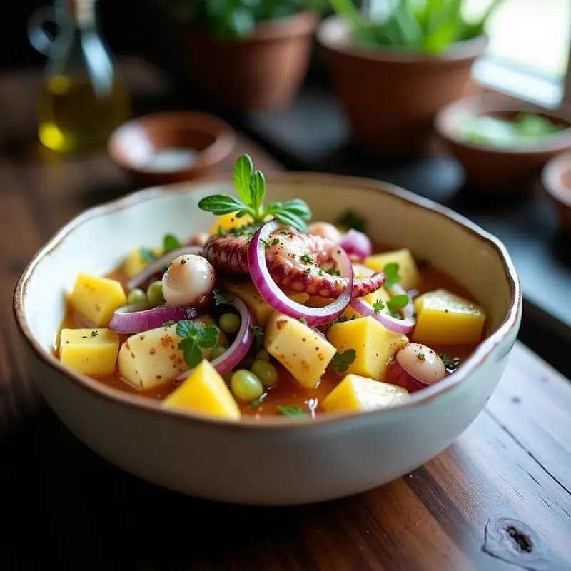 Ceviche de pulpo con trozos tiernos marinados en limón, ajo y cilantro, acompañado de rodajas de patatas coche doradas y decorado con aceite de oliva virgen extra y hojas de cilantro fresco. Plato servido en un bol de barro rústico con fondo de madera oscura.