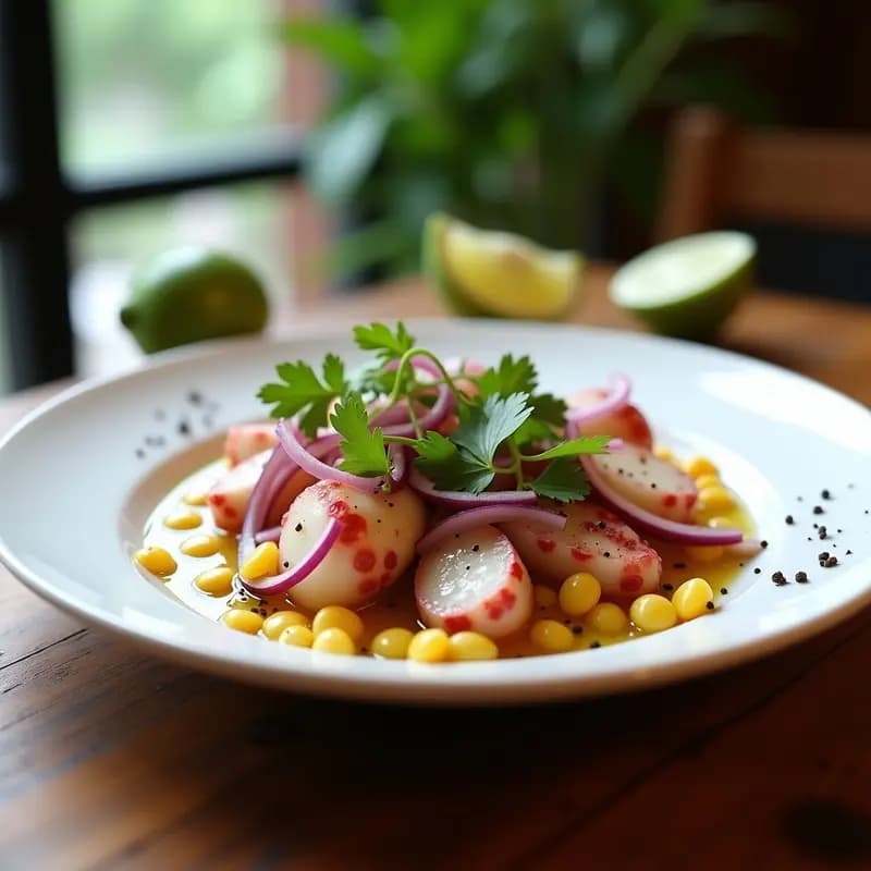 Plato blanco con ceviche de pulpo en trozos, marinado en limón, aceitunas y pimentón, decorado con cilantro fresco y hojas de culantro, acompañado de maíz tostado cancha serrana. Receta peruana gourmet de ceviche de pulpo con aceite de oliva y pimentón.