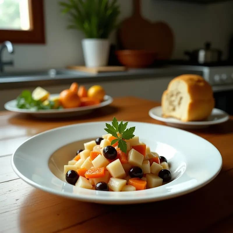 Plato blanco rústico con ceviche de pulpo en trozos, aceitunas Kalamata, cebolla morada, pimiento verde y apio, bañado en marinado de limón y aceite de oliva, decorado con eneldo fresco y rodajas de limón.