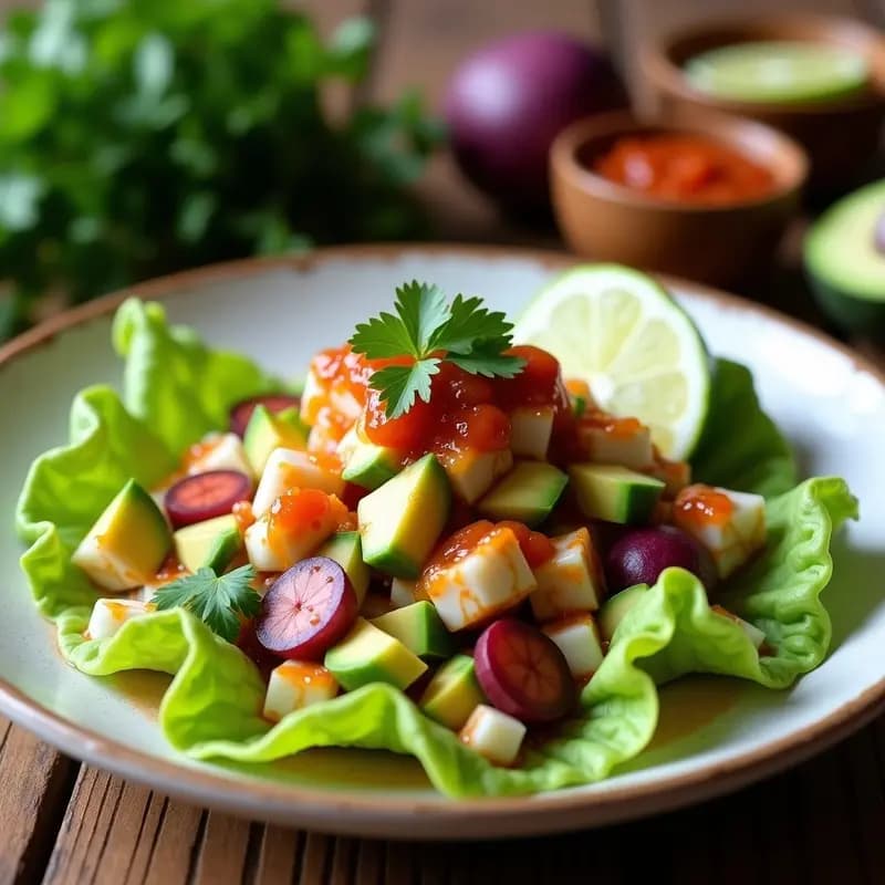 Ceviche de pulpo con aguacate y salsa de chili de árbol servido en cucharas de totora sobre mesa rústica de madera, con rodajas de limón verde y hojas de cilantro fresco como decoración.
