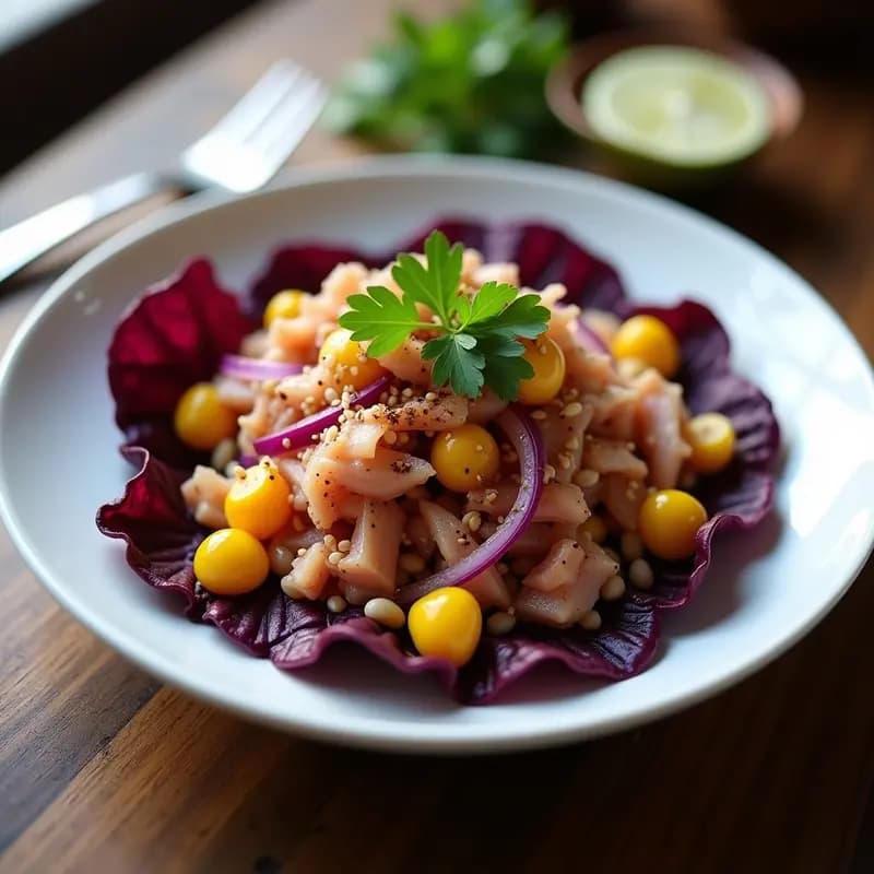 Ceviche vegano de pulpo con trozos de corazones de alcachofa marinados, batata morada asada en cubos, granos de maíz amarillo y cebolla morada en juliana. Servido en plato blanco con decoración de cilantro fresco, semillas de sésamo y rodajas de lima. Receta peruana colorida y saludable.