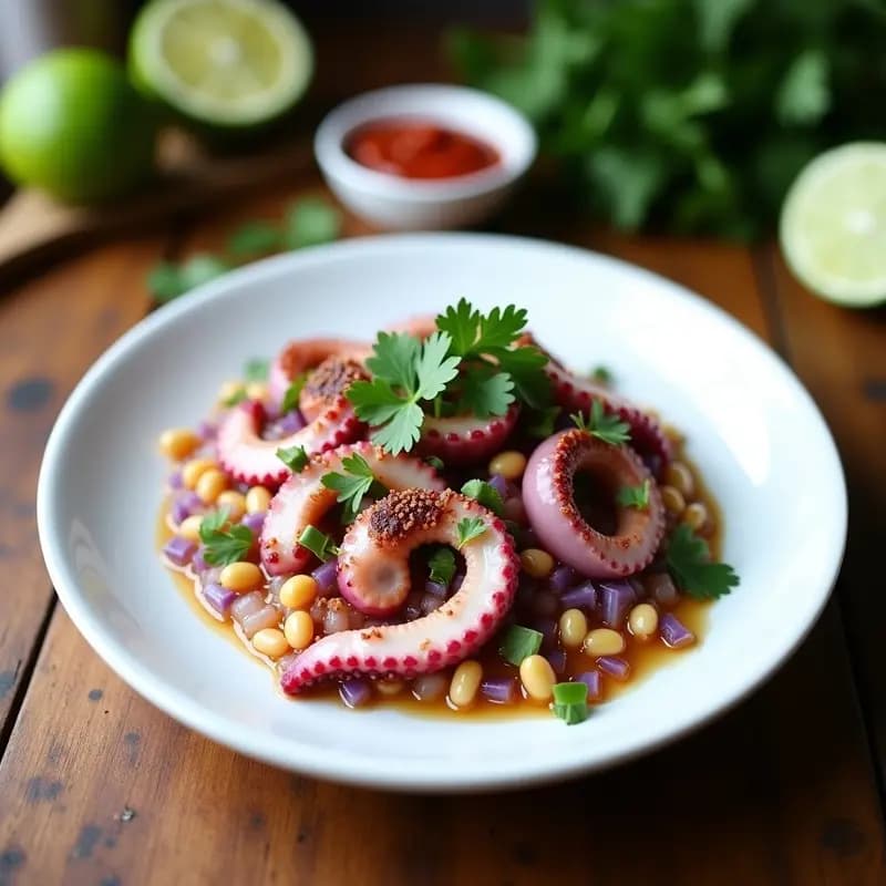 Plato de cerámica blanca con ceviche de pulpo en trozos, cebolla morada en juliana, cilantro fresco y maíz morado tostado, servido sobre hielo picado con un toque de aceite de oliva.