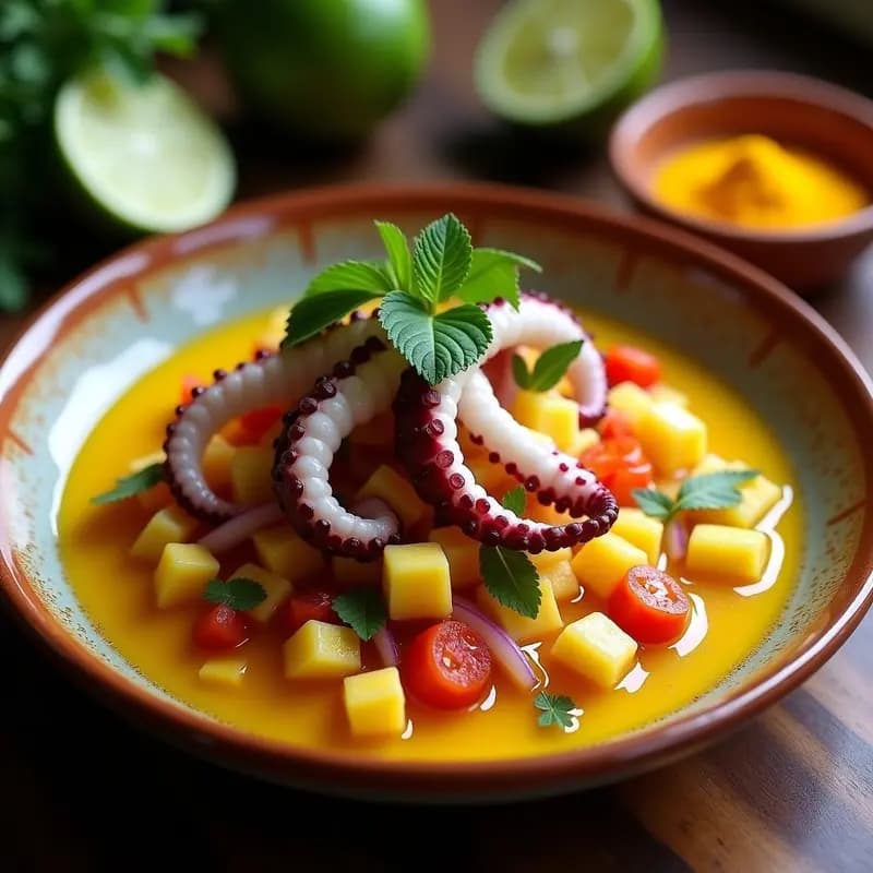 Ceviche de pulpo con chuño y ají amarillo servido en plato de barro: trozos de pulpo blanco-rosado marinados, chuño dorado en cubos, cebolla morada, tomate rojo y cilantro fresco, bañado en leche de tigre amarilla y decorado con hierbabuena.