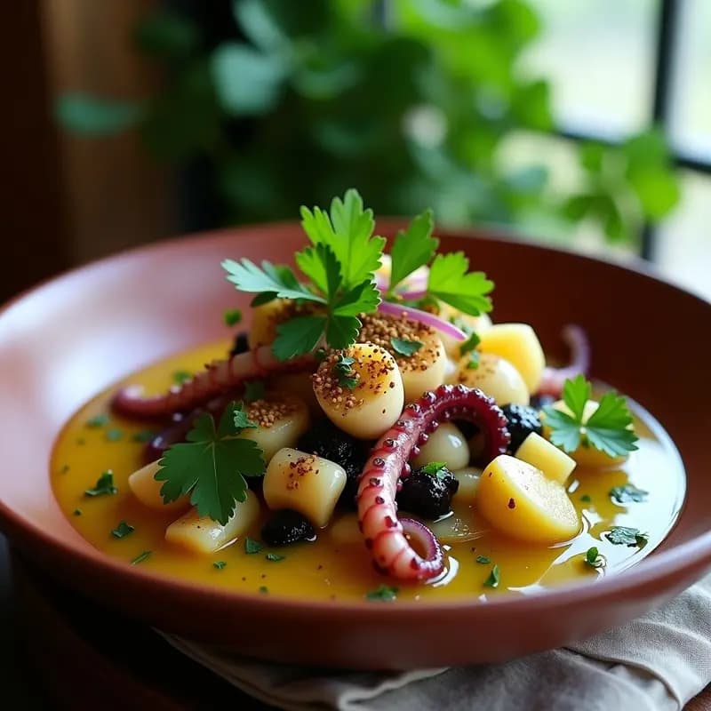 Plato de ceviche de pulpo con chuño y cilantro, receta peruana auténtica sin lácteos, servido en bowl de barro con cancha serrana y hojas de cilantro fresco.