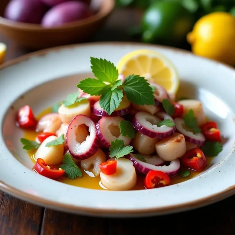 Plato de ceviche de pulpo al estilo peruano con trozos tiernos de pulpo marinado en limón verde, ají limón, cebolla morada, cilantro fresco y jengibre, acompañado de camote morado y maíz tierno en un plato blanco rústico con fondo de madera oscura.