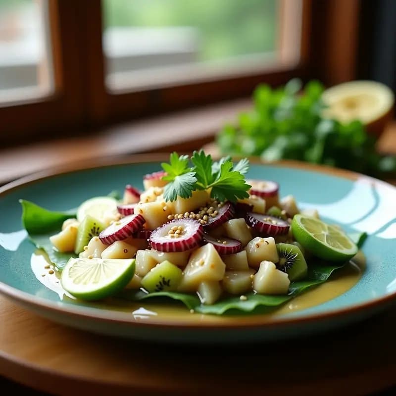 Ceviche de pulpo y kiwi con leche de limón servido en copa de cristal transparente, decorado con semillas de sésamo negro, hojas de shiso y algas nori, sobre fondo de madera oscura con tostadas de pan sin gluten.