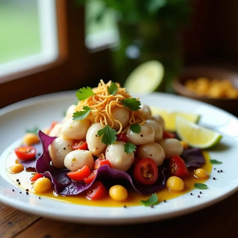 Plato de ceviche de pulpo con leche de tigre de lúcuma, servido en bowl de cerámica blanca con rodajas de camote morado, cebolla roja en juliana, pimiento rojo y cilantro fresco. Destaca el color dorado de la leche de tigre y la textura tierna del pulpo. Receta peruana innovadora y sin gluten.