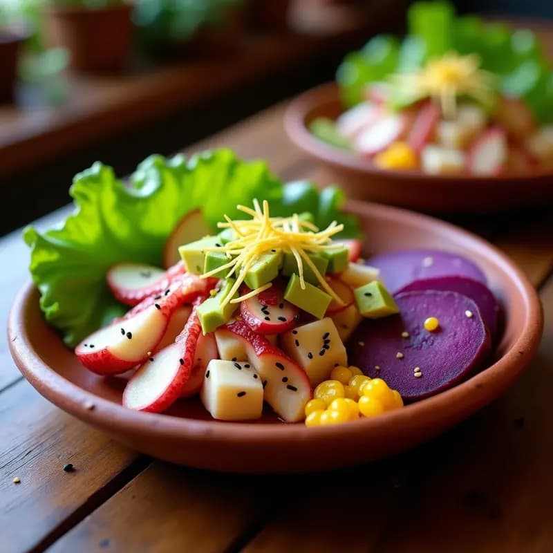Ceviche de pulpo con lechuga morada y aguacate en plato de barro, decorado con semillas de sésamo y ralladura de limo, acompañado de camote morado y choclo. Receta peruana fresca y colorida.