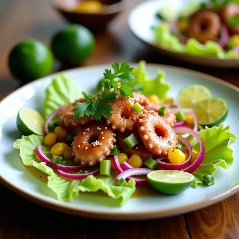 Plato de ceviche de pulpo y marine de limón verde servido en copa de vidrio con camote morado, maíz, cebolla morada y cilantro fresco, receta peruana en Airfryer con toque citrus.