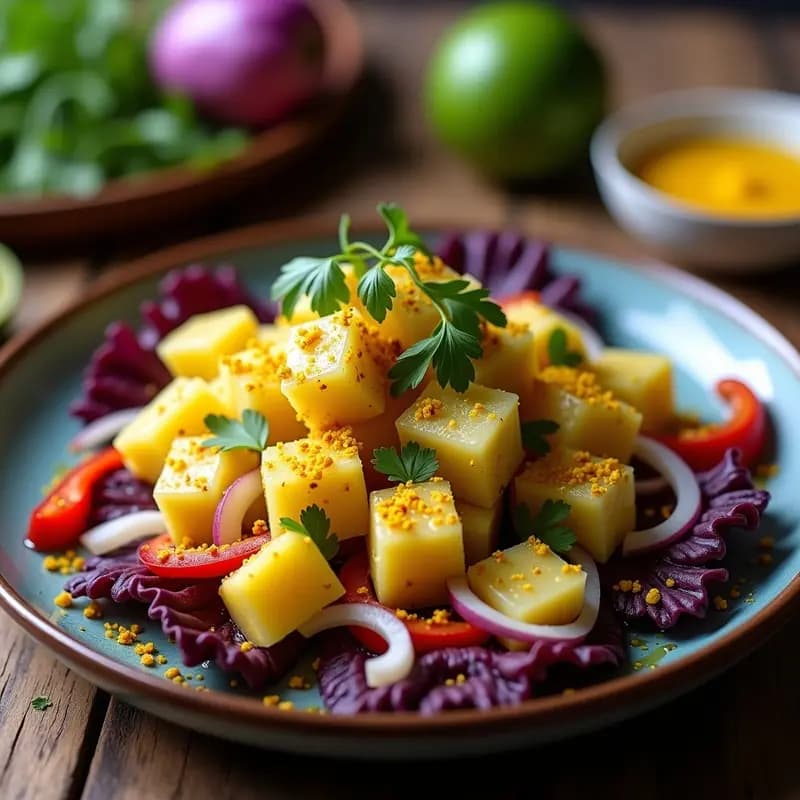 Plato blanco con ceviche de pulpo en trozos, bañado en leche de tigre dorado con cúrcuma, acompañado de cebolla roja, pimiento, apio y cilantro. Base de lechuga morada, camote morado y maíz morado. Decorado con aceite de oliva y limón verde.