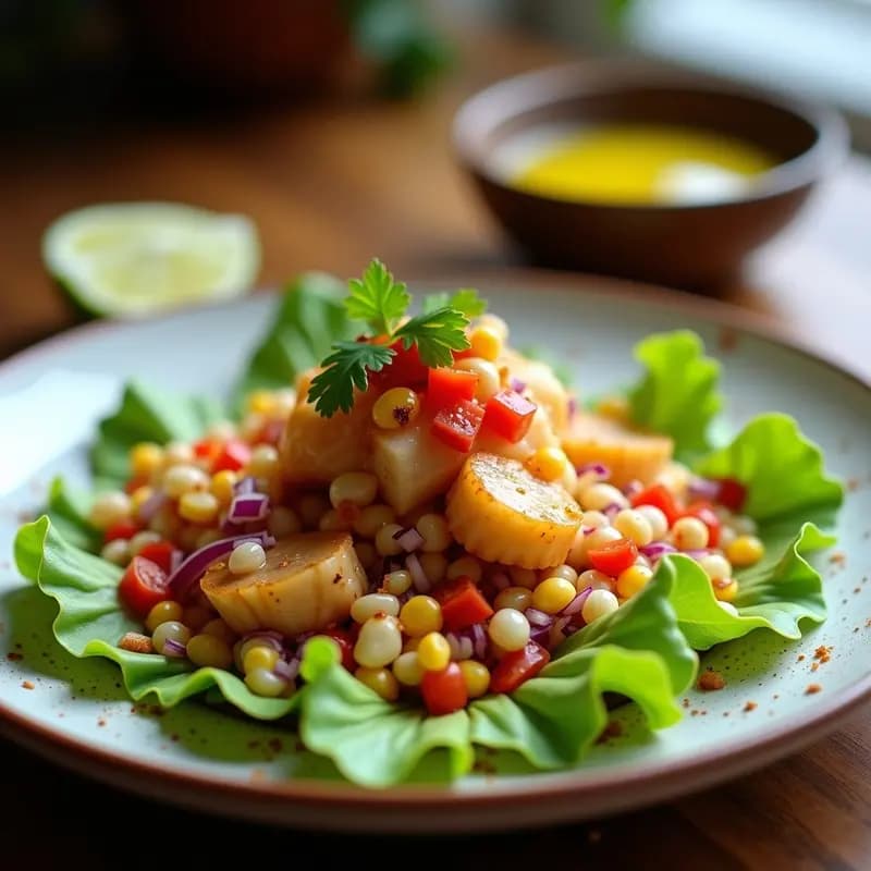Plato blanco con ceviche de pulpo en cubos marinado con lulo, cebolla morada, tomate cherry y cilantro. Decorado con rodajas de limón verde, hojas de culantro y un hilo de aceite de ají rojo. Acompañado de chips de yuca frita crujientes. Receta colombiana fresca y ácida.