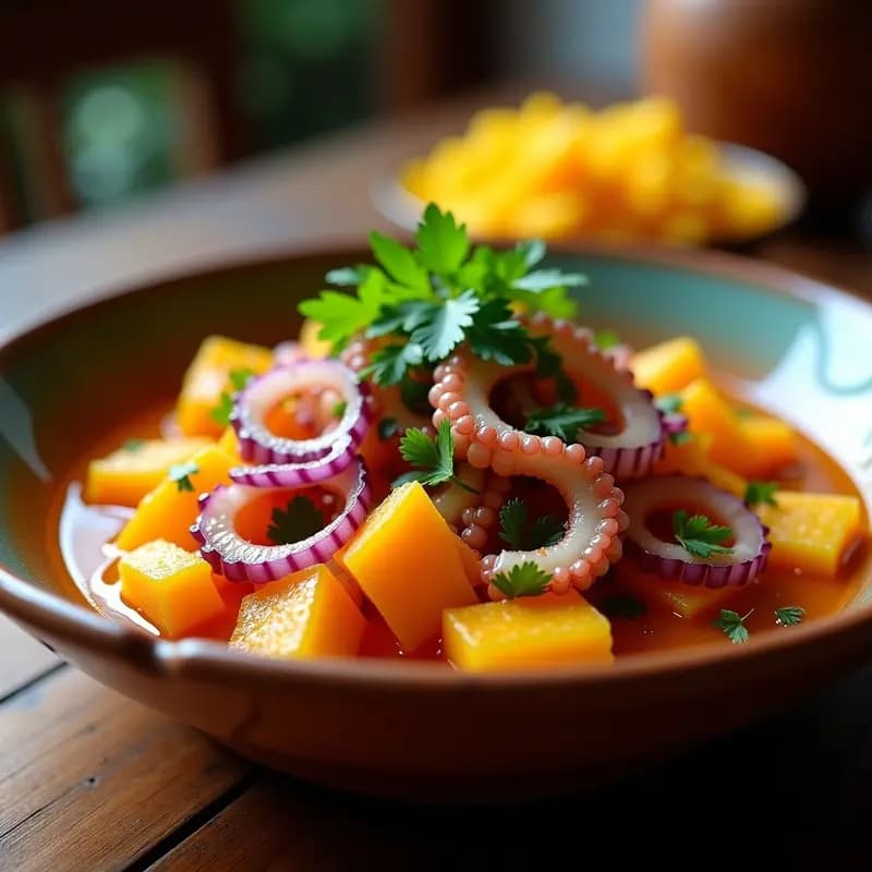 Ceviche de pulpo con lulo y cilantro servido en plato blanco, con trozos de pulpo marinado en leche de tigre de lulo, cebolla roja, cilantro fresco, camote morado y choclo. Receta peruana ácida y refrescante.