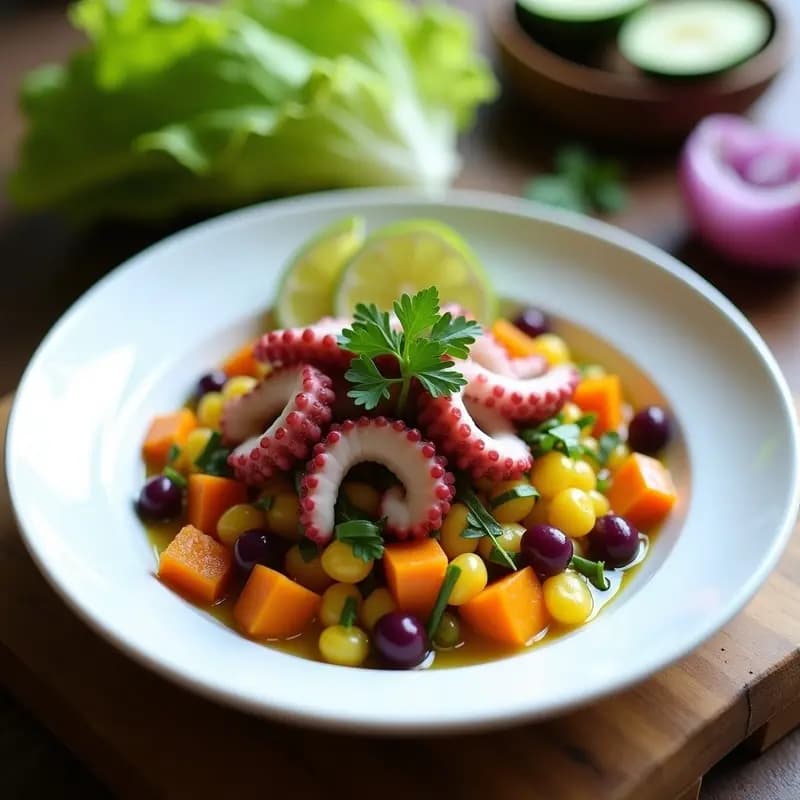 Plato de ceviche de pulpo peruano con trozos tiernos de pulpo marinado en limón sutil, maíz morado, camote naranja en cubos, cebolla roja picada y chifles de plátano verde crujientes, decorado con hojas de culantro sobre un fondo rústico.