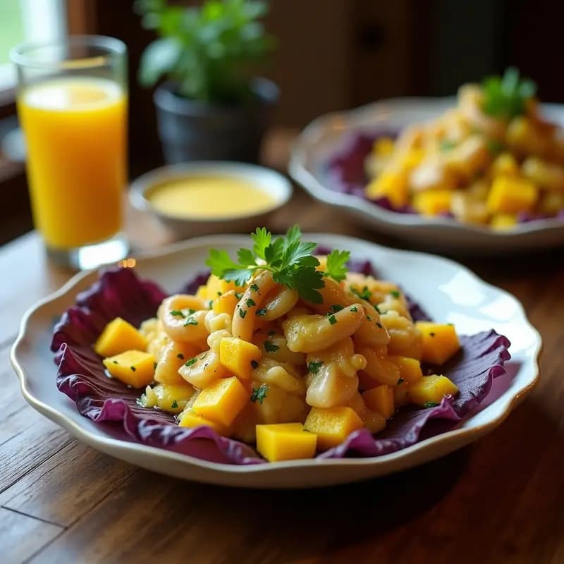 Plato hondo de cerámica blanca con ceviche de pulpo y malta en leche de tigre amarilla, decorado con cebolla morada, culantro, camote morado y maíz tostado. Fondo rústico con limones amarillos y hojas de lechuga.