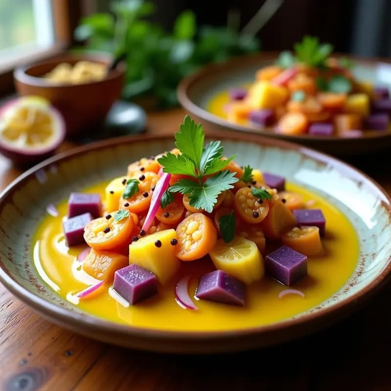 Plato de ceviche de pulpo con maracuyá y camote peruano, con trozos de pulpo tierno bañados en leche de tigre amarilla, camote morado en cubos, cebolla roja en juliana y gajos de maracuyá como decoración, servido en plato de barro con hierbas frescas.