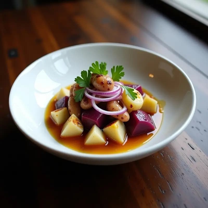 Plato hondo de cerámica negra con ceviche de pulpo en trozos tiernos, papa morada en cubos, maíz tostado dorado, cebolla morada en juliana y cilantro fresco. Decorado con rodajas de limón y hielo picado al lado. Receta peruana de ceviche de pulpo con papa morada y maíz tostado.