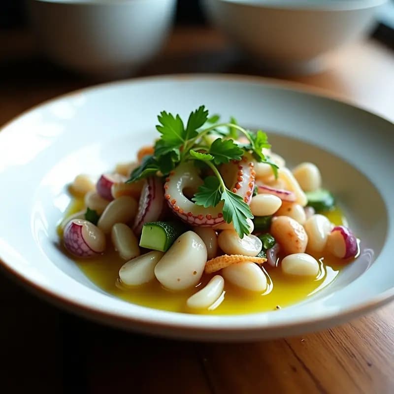 Ceviche de pulpo en bol de cerámica blanca con rodajas de pimiento de Padrón, cebolla morada y algas nori. Bañado en aceite de oliva virgen y decorado con cilantro fresco. Plato fresco y colorido de fusión gallega-peruana.