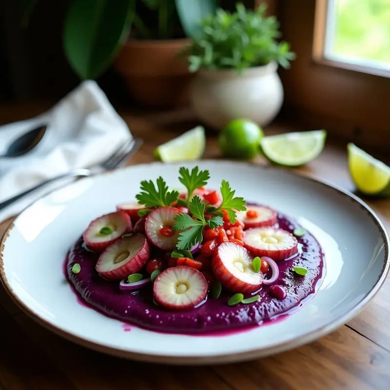 Plato hondo de cerámica blanca con ceviche de pulpo en trozos sobre puré de papa morada vibrante, decorado con rodajas de cebolla morada, cilantro fresco y un hilo de aceite de oliva. Fondo rústico con elementos costarricenses como hojas de plátano.